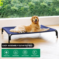 DOPEDIO elevated dog bed blue fabric promotes cooling comfort outdoors.