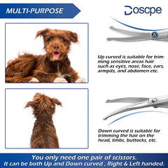 Doscpe curved dog grooming scissors adjustable screw for flexible trimming.