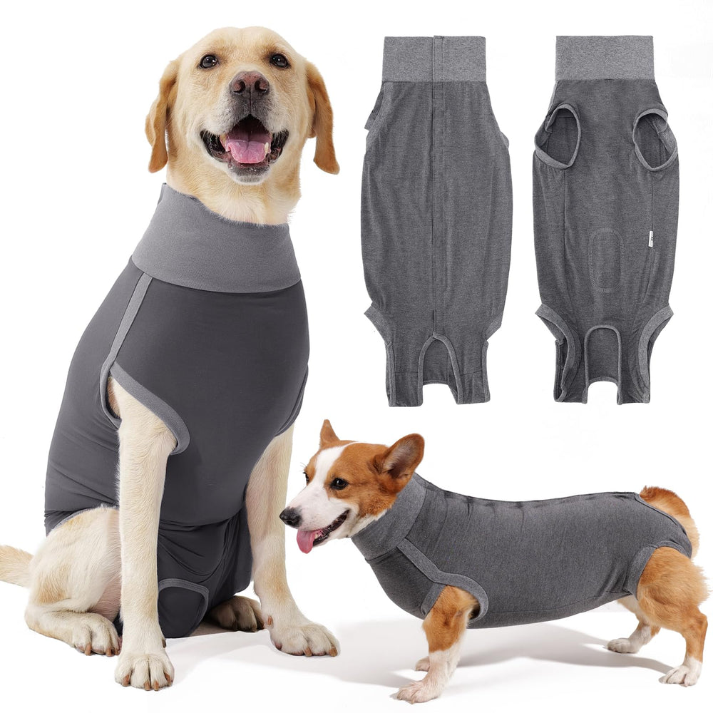 Dotoner dog surgery recovery suit front view highlights breathable comfort for post-op wear