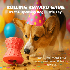 Doudele orange dumbbell treat-dispensing — keeps small dogs engaged during snack time.