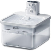 DownyPaws battery-operated cat water fountain front view; cordless placement for flexible kitchen or playroom setup