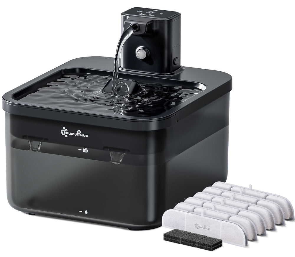 DownyPaws cordless fountain full view shows flexible placement benefits