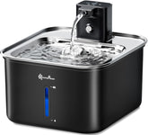 DownyPaws cat water fountain front view highlighting stainless steel design and hygienic hydration.