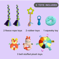 DOZZOPET Puppy Play Gym elastic straps enabling adjustable toy heights for growing small breeds.