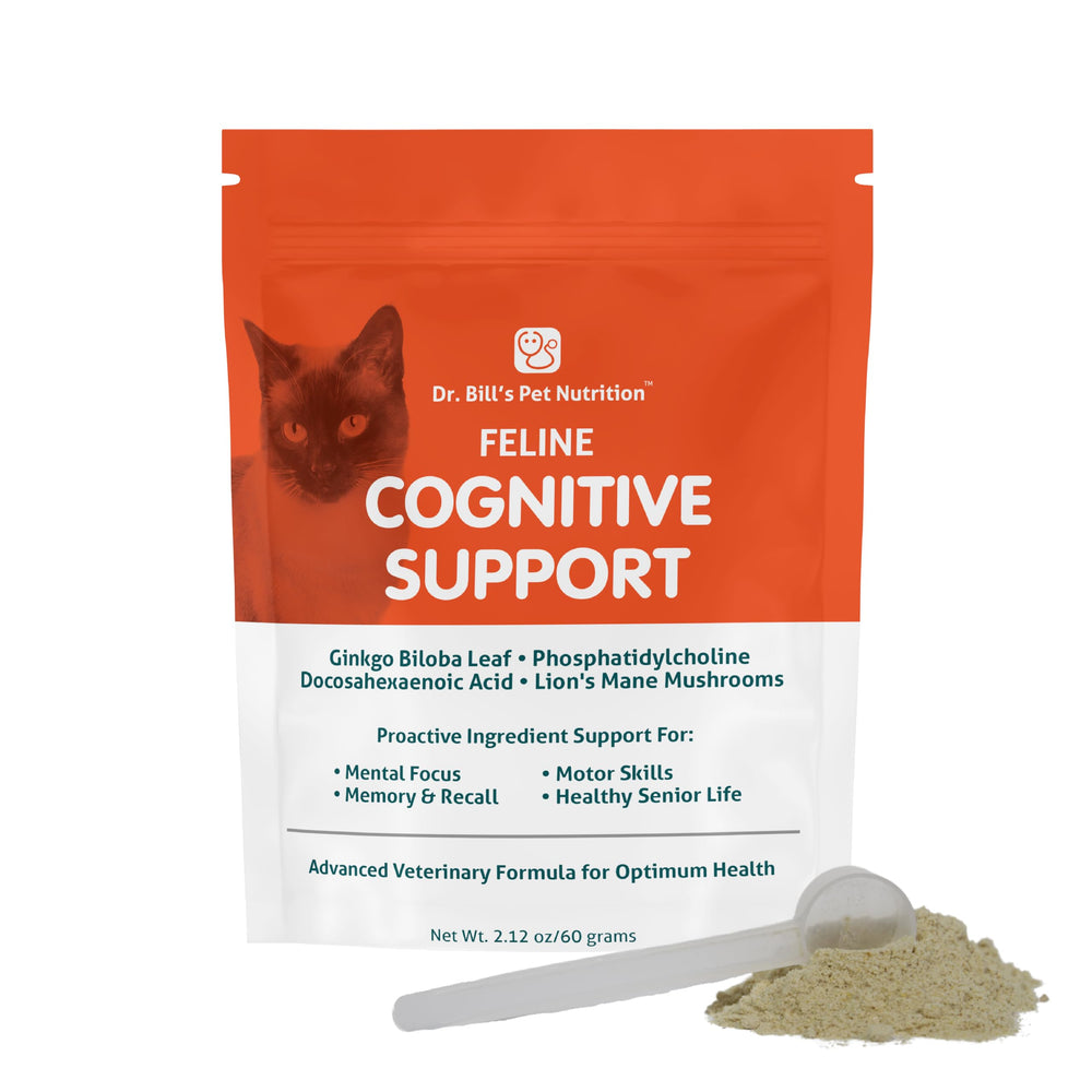 Dr. Bill's Feline Cognitive Support bottle highlights memory support for aging cats