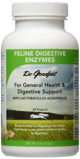 Dr. Goodpet feline digestive enzymes bottle close-up highlighting vegan formula for digestion support