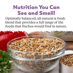 Dr. Harvey’s Fabulous Finch Food ingredients show seeds, nuts, fruits for healthy foraging.