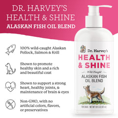 Dr. Harvey's Health & Shine label closeup with purified no fishy odor