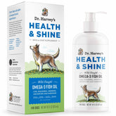 Dr. Harvey’s Health & Shine Omega-3 bottle with pump for dogs, mess-free dosing.