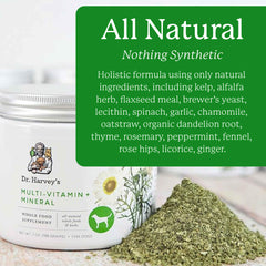 Dr. Harvey's Herbal Multi-Vitamin powder being dispensed easily into dog meals.