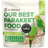 Dr. Harvey's parakeet food bag front shows balanced nutrition for vibrant plumage and energy.
