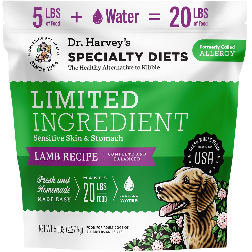Dr. Harvey's Specialty Diet lamb recipe packaging highlights a simple, convenient option for sensitive dogs.
