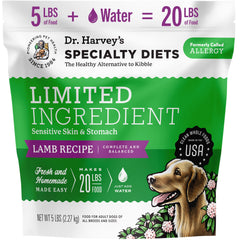 Dr. Harvey's Specialty Diet lamb recipe packaging highlights a simple, convenient option for sensitive dogs.