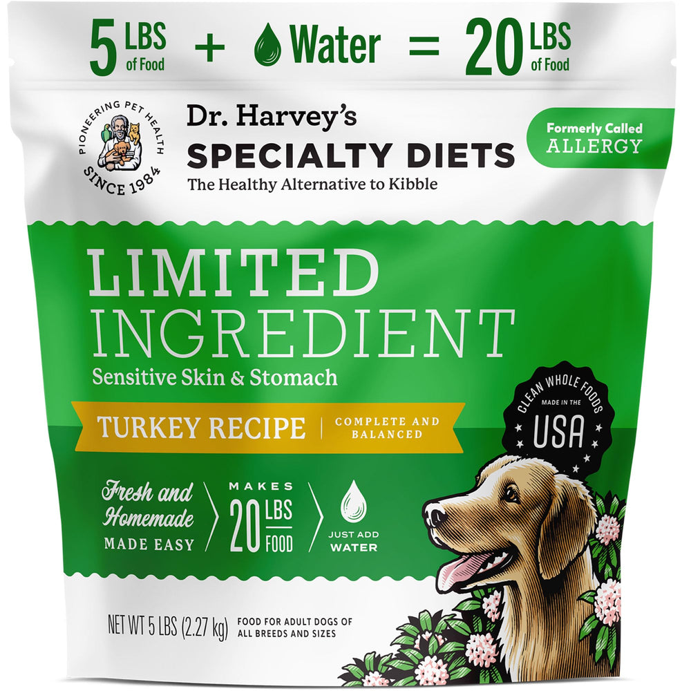 Dr. Harvey's Specialty Diet turkey recipe 5lb bag reveals premium ingredients for sensitive stomachs.