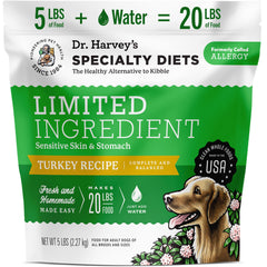 Dr. Harvey's Specialty Diet turkey recipe 5lb bag reveals premium ingredients for sensitive stomachs.