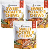 Dr. Harvey's Sweet Potato Chews pack shot showcasing USA-grown, single-ingredient treats for dogs.