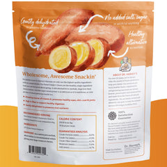 Dr. Harvey's Sweet Potato Chews bag open with label, highlighting natural, additive-free snack.