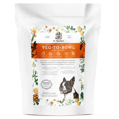 Dr. Harvey's Veg-to-Bowl Fine Ground Base Mix bag shows grain-free base for dogs