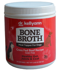 Dr. Kellyann Bone Broth Meal Topper for Dogs poured over kibble to aid digestion.