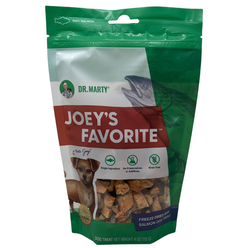 Dr. Marty Joey's Favorite Salmon Dog Treat 4 oz packaging—premium freeze-dried salmon for all-breeds, ideal training rewards.