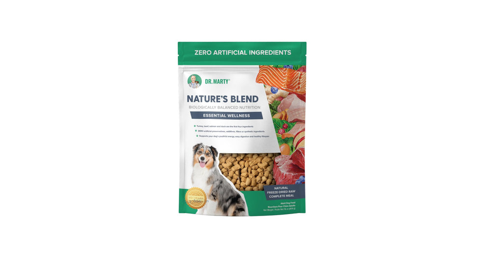 Dr. Marty Nature's Blend freeze-dried dog food chunks offer easy digestion and tasty nutrition