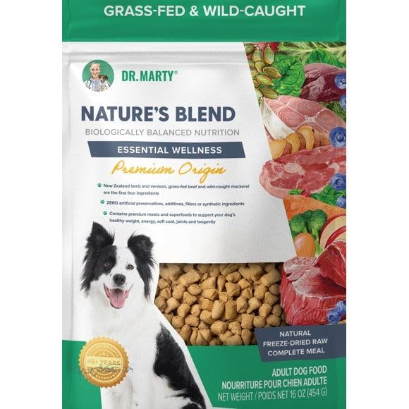 Dr. Marty Nature's Blend freeze-dried dog food pour—high-protein nutrition for active dogs