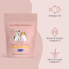 Dr. Mercola Bark & Whiskers Krill Bites close-up reveals soft, chewy texture.