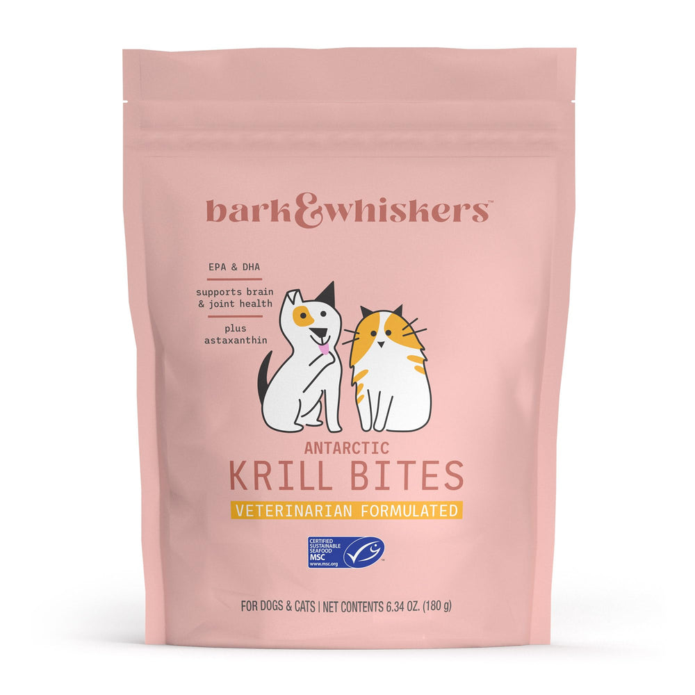 Dr. Mercola Bark & Whiskers Antarctic Krill Bites packaging signals vet-formulated wellness.