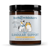 Dr. Mercola Bark & Whiskers bottle label shows hormone-free glandular blend for pet endocrine support.