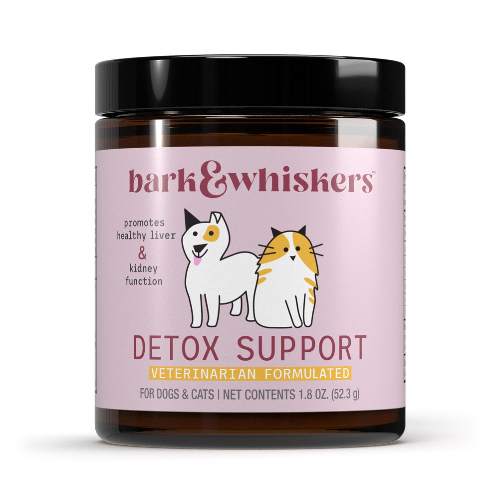 Dr. Mercola Bark & Whiskers Detox bottle label highlights herbal formula for pets