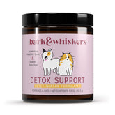 Dr. Mercola Bark & Whiskers Detox bottle label highlights herbal formula for pets