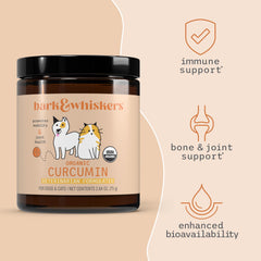 Dr Mercola Bark and Whiskers Organic Curcumin label shows product details and organic status.