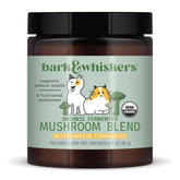 Dr. Mercola Bark & Whiskers jar label signals organic fermented mushroom blend for pet wellness