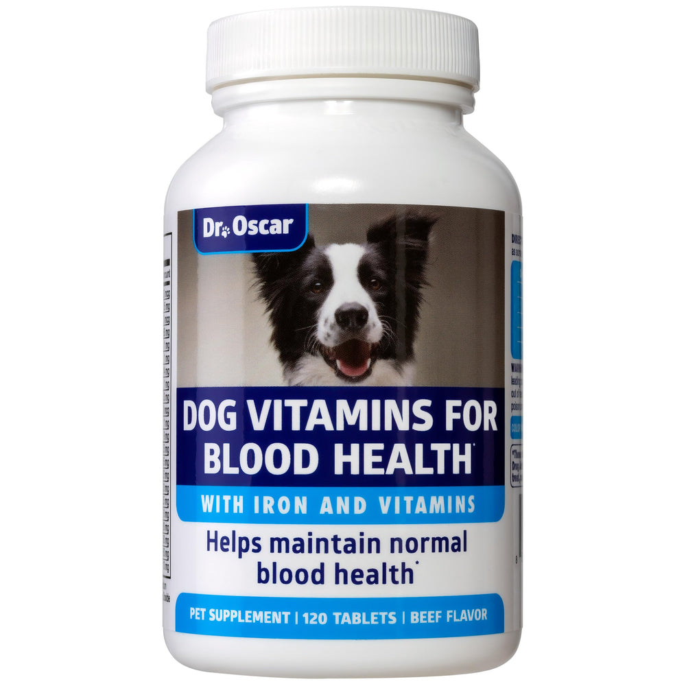 Dr. Oscar Blood Aid tablets bottle supports blood health in dogs.