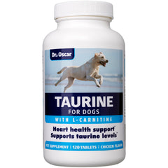Dr. Oscar Taurine dog supplement bottle supports heart health and daily canine nutrition.