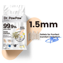 Dr. PawPaw tofu litter is dust-free reducing tracking and mess around the box.