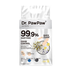 Dr. PawPaw tofu litter packaging shown for mess-free setup and eco-friendly design.