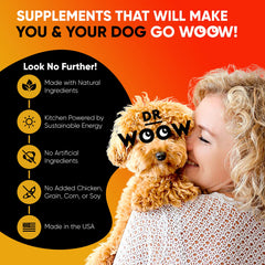 Dr Woow 7-strain probiotic blend chews, promotes balanced gut microbiome.