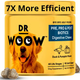 Dr Woow Probiotics for Dogs duck and pumpkin chews close-up showing tasty texture for digestion support.