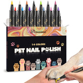 Dreamon dog nail polish pen 14-color set swatches for vibrant pet nails.