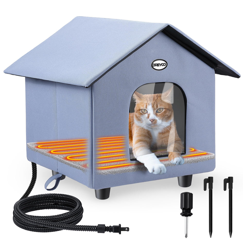 Dreyoo heated cat house exterior blue showing weatherproof outdoor shelter.