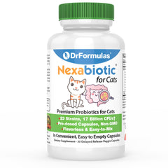 DrFormulas Nexabiotic Cats powder bottle front highlighting digestive support