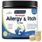 DRFOSTER dog allergy chews packaging showing natural ingredients and immune support