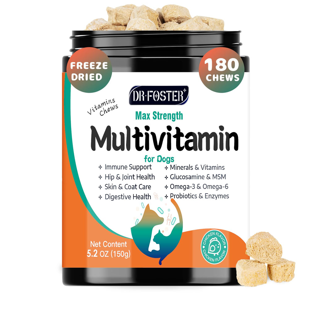 DRFOSTER Dog Multivitamin bottle showcasing 180 bites for daily canine wellness.