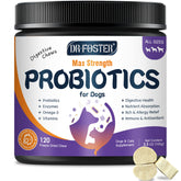 DRFOSTER probiotics dogs bites pack shows 120 chews for digestive support.