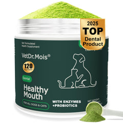 DRMOIS dog teeth cleaning powder tub ready for simple daily dental care.