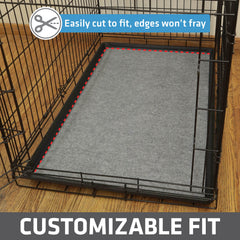 Drymate Dog Crate Mat cut-to-fit shows snug kennel customization with no fraying.