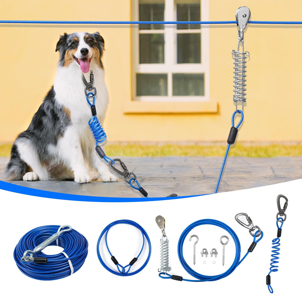 Duckygoo dog runner yard setup with 50ft cable enables roomy outdoor play.