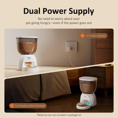 DUDUPET dual-power supply supports adapter and batteries for uninterrupted feeding.