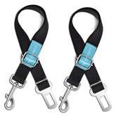 Duke and Dixie dog seat belt clip-into-seatbelt for secure car restraint.